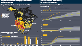Infographic exploring the areas of drought intensity dominating the United States, Mexico, and, to a lesser extent, Canada. The burnt areas from wildfires in 2022 in the United States and Mexico is outstripping previous years.