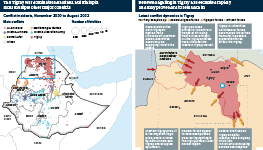 Infographic exploring clashes across Ethiopia. The Tigray war dominates headlines, but Ethiopia faces multiple other major conflicts. Renewed fighting in Tigray has escalated rapidly and may prove hard to rein back in.
