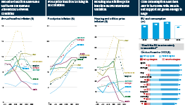 Infographic exploring the rising cost of living across nine European economies. Headline inflation has eased but there are marked differences between countries. Food price inflation is rising in all countries. Housing and utilities price inflation shows enormous variation. Inflation fears are increasing support for renewables to replace fossil fuels and cut energy costs