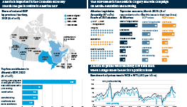 Infographic exploring the upcoming election in Alberta, Canada. Alberta is important to the Canadian economy and oil and gas is central to Alberta’s GDP. The NDP needs to take seats in Calgary and will campaign on health, education and housing. Alberta oil prices were relatively low until 2022, when a surge made the sector a political issue