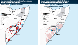 Infographic exploring Somalia's military offensive against al-Shabaab forces. A maps shows that government is on the offensive but the al-Shabaab jihadist group has been hitting back. A second map of territorial gains and losses demonstrates that the government has made major territorial gains, but al-Shabaab still holds sway over large areas