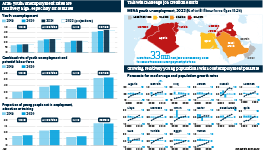 Infographic exploring youth unemployment across the Arab world. Charts demonstrate that youth unemployment rates are relatively high, especially for females, and a map shows unemployment rates in 10 MENA countries. Charts showing forecasts for median age and population growth rates conclude that growing, relatively young populations will boost employment pressure