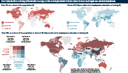 Infographic exploring the combination of rising retirement and youth unemployment around the world. A bivariate global heatmap shows the shares of over-65s as a share of the population and of 16-24 year-olds not in employment, education or training, and highlights the countries with the greatest exposure to both factors.