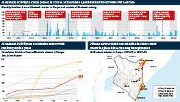 Infographic exploring Al-Shabaab activity in Kenya. A chart of monthly fataliites shows that Al-Shabaab activity peaked in 2013-15, but has been a persistent feature for well over a decade. But looking at cumulative fatalities over the course of the years suggests Al-Shabaab activity has accelerated after several relatively muted years. Attacks have become concentrated in border areas where the jihadists have a long-term presence.