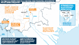 Infographic exploring Cambodia's plans for a roughly 180-kilometre Funan Techo Canal to connect Phnom Penh with the Gulf of Thailand. A map shows the proposed route of the canal, and an inset shows the four countries that make up the Mekong River Commission - Cambodia, Laos, Thailand and Vietnam.
