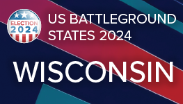 Infographic exploring key indicators for Wisconsin, one of the 'battleground states' in the upcoming US elections. One panel explores the state's demographic makeup, with charts showing: race and ethnicity, annual income, education levels and a breakdown of registered voters by county. The second panel looks at political developments, with the state's voting history in presidential elections, latest polling, current party representation in federal and state government, and the outcome of this year's primaries for both parties.