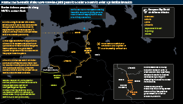 Infographic exploring plans made by Poland and the Baltic states to deter potential invasion from the east. A map shows the land borders of Estonia, Latvia, Lithuania and Poland with Russia and Belarus, and outlines plans to fortify those borders. An inset map focusses on Poland's border with Belarus and a new exclusion zone which has been declared.