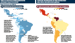 Infographic exploring attitudes to democracy in Latin America. There are two maps of Latin America, both heatmaps. One displays agreement with the statement "I am satisfied with how democracy is functioning"; the other with the statement "An authoritarian government could be preferable in some circumstances". Both maps feature call-outs with commentary on far-right politicians in Ecuador, Chile, Peru, Argentina and Brazil.