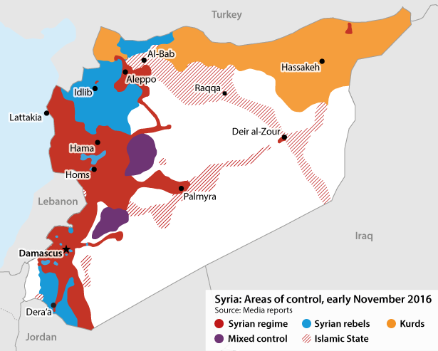 Areas of control in Syria as of early November 2016