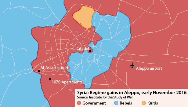 Regime gains in Aleppo, early November 2016, showing government, rebel and Kurds