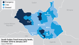 Map of food insecurity levels in South Sudan, October 2016 to January 2017
