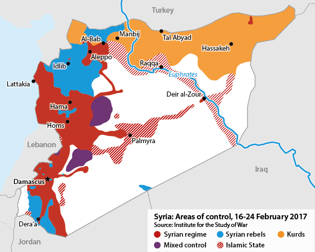 Areas controlled by the Syrian regime, Syrian rebels, Kurds and Islamic State