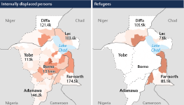 The number of internally displaced persons and refugees in the most affected areas around Lake Chad