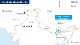 Showing key border disputes between India, China and their neighbours, focussing on the Siliguri Corridor.
