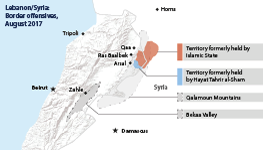 Showing key locations in Lebanon, and territories formerly controlled by Islamic State and Hayat Tahrir al-Sham 