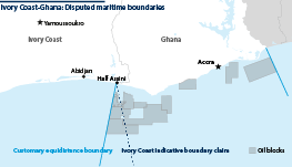 The disputed maritime boundary between Ivory Coast and Ghana, showing the Ivory Coast indicative boundary claim