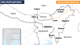 India's north-east states, showing the disputed India-China border