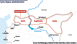 Key cities in Syria and the area of the Canton border