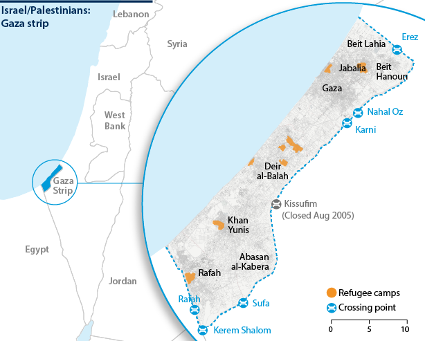 Focussing on the Gaza Strip to show border crossings, built-up areas and refugee camps