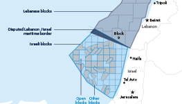 Showing Lebanese and Israeli offshore gas blocks and the disputed maritime border