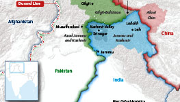 Pakistan's disputed borders with Afghanistan and India, showing the Durand Line and administration of Kashmir