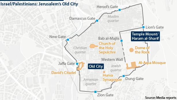 Map of Jerusalem's Old City and locations of key structures