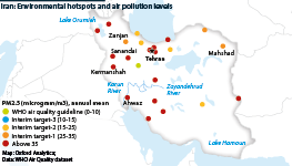 Iran: Map showing environmental hotspots including problematic rivers, lakes, cities suffering from air pollution