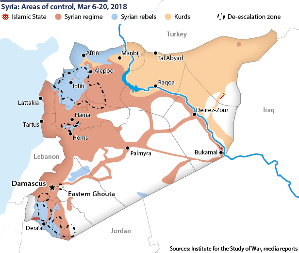 Syria: Areas of control, March 6 - 20, 2018, including de-escalation zones