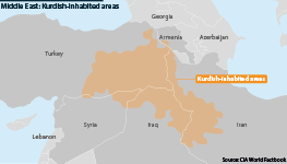 Middle East: Kurdish-inhabited areas, predominantly in Turkey, Iran, Iraq and Syria