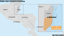 Areas of western and southern Belize claimed by Guatemala