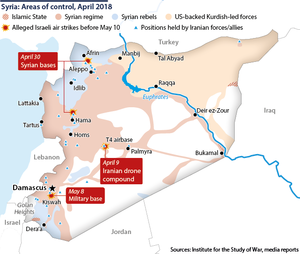 Syria: Israel-Iran confrontation showing areas of control, Israeli strikes, Iranian positions