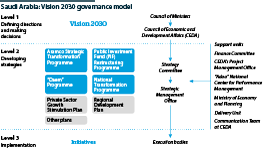 Saudi Arabia: Vision 2030 governance model showing authorities, programmes and support units
