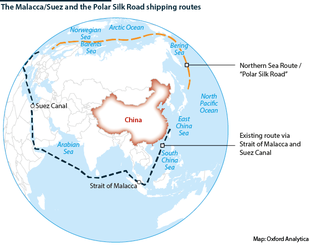 The Malacca/Suez and Northern Sea Route/Polar Silk Road shipping routes between Asia and Europe