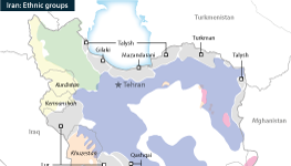 Iran: Ethnic minorities and provincial boundaries, highlighting Kurdish, Arab and Baluchi areas