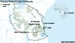 Location of the proposed Stiegler's Gorge dam and the Selous Game Reserve and Rufiji River delta protected areas