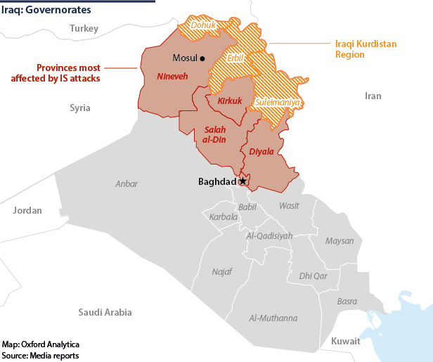 Iraq: Map of governorates showing the Kurdish region and areas of significant Islamic State activity