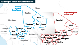 Outlines of the proposed decentralisation of Mali into 20 regions