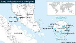 Map showing key ports and airports in Malaysia and Singapore
