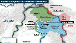 Map showing Indian, Pakistani and Chinese administrative divisions in Kashmir