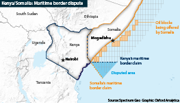 Map showing disputed territorial waters between Somalia and Kenya and oil blocks being offered for auction by Somalia