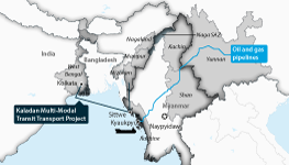 Map showing states and regions along the India-Myanmar border, and Indian and Chinese infrastructure projects in Myanmar