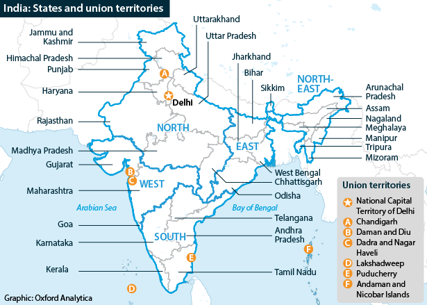 Map showing India's states and union territories, demarcated into five regions