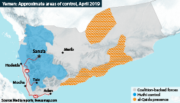 Yemen: Approximate areas of control, April 2019, showing major road in the west of the country