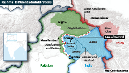 Map showing different administrations in the Kashmir region