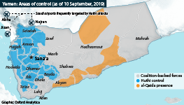 Yemen: Areas of control as of September 10, 2019, showing Saudi airports targeted by Huthi attacks