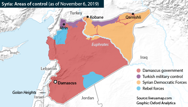 Syria: Areas of control as of November 6, showing government, Turkish, Syrian Democratic Forces and rebel areas