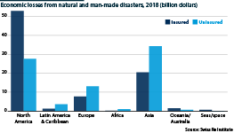 Insured and uninsured losses from disasters by region, 2018
                       