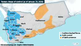 Yemen: Areas of control, showing Huthi and coalition-backed forces (as of January 20, 2020)