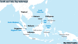 Map showing key waterways in South-east Asia and certain subdivisions in some of the region's countries