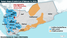 Yemen: Areas of control as of February 14, 2020, showing coalition-backed, Huthi and al-Qaida-affected areas